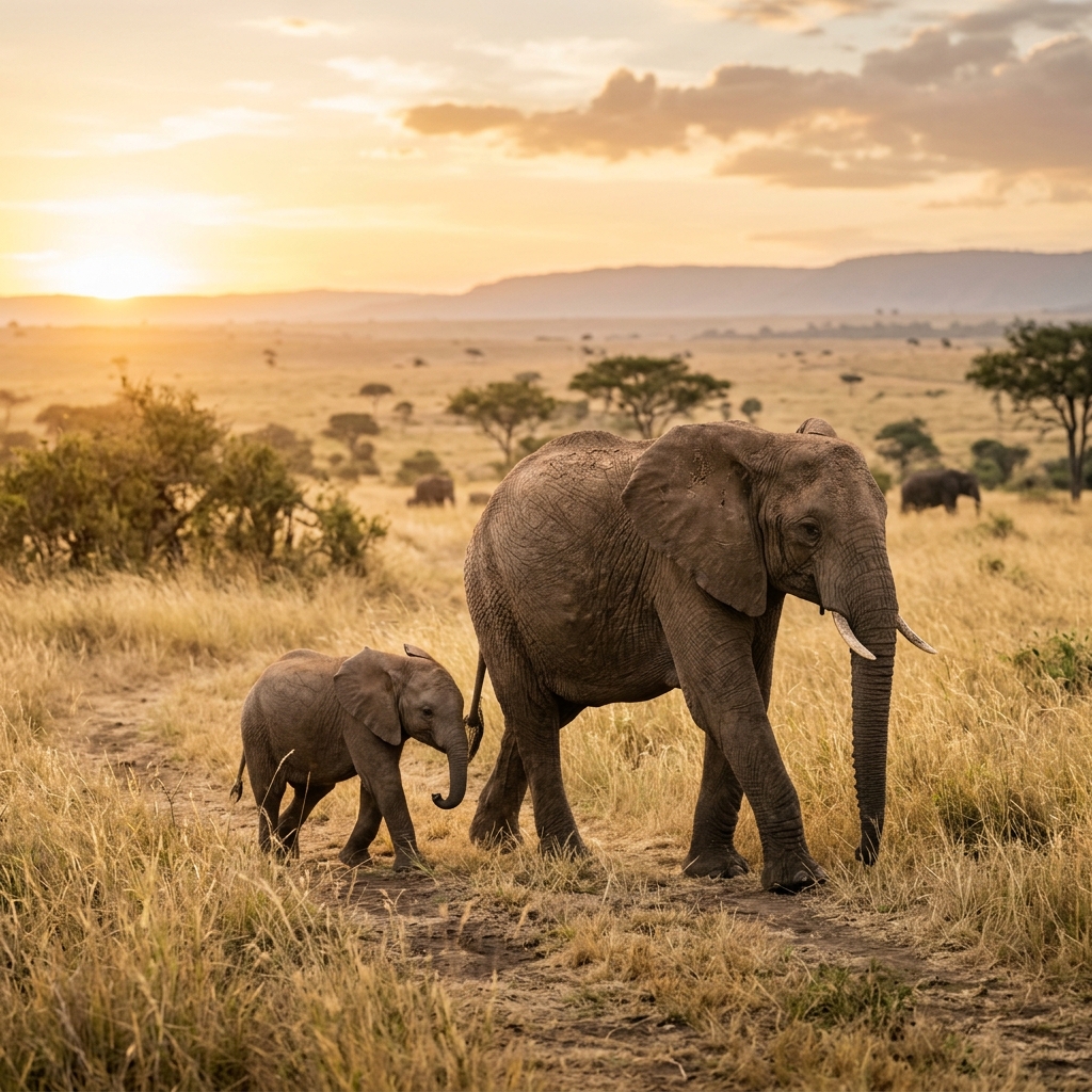 Mother elephant and baby calf walking side by side